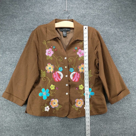 Silkland Women's Button-Up Jacket Brown XL Floral Embroidered Lined - Picture 11 of 13